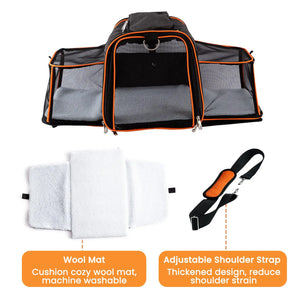 Pet carrier with wool mat and adjustable shoulder strap on a white background