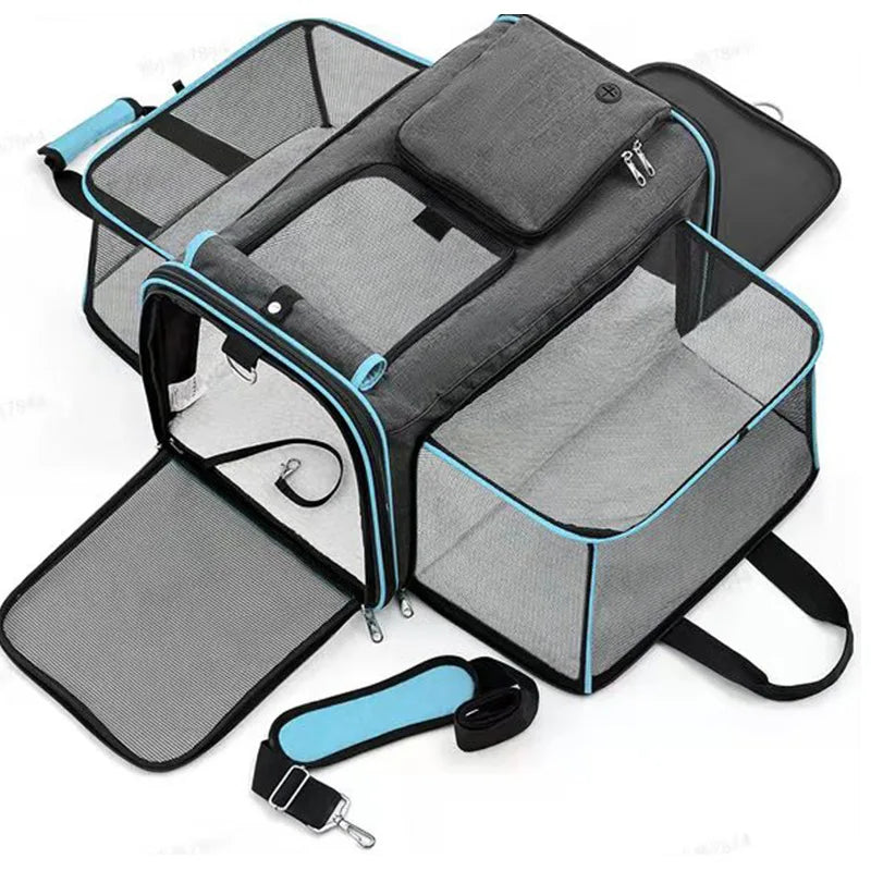 Pet carrier with blue accents on a white background