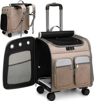 Pet carrier with backpack and rolling suitcase features on a white background