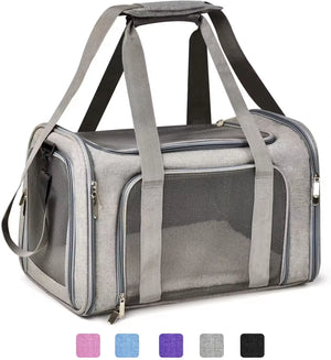 Large Capacity Airline Approved Dog Carrier for Travel in light gray, featuring breathable mesh panels, sturdy handles, and a roomy interior designed for cats and dogs, offering airline-fit guidance for stress-free travel with your dog. Travel Confidently. Fly Ready. Stay Rover Ready.