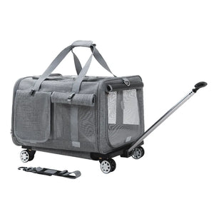 Airline Approved Rolling Dog Carrier with Wheels in gray fabric, designed with mesh ventilation and a retractable handle for easy transport, ideal for airline travel with dogs. Travel Confidently. Fly Ready. Stay Rover Ready.