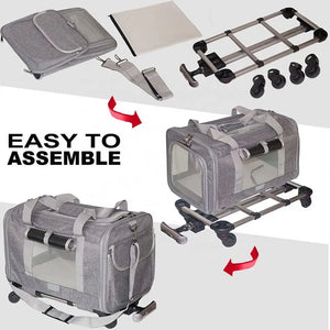 Gray pet carrier with assembly parts on a white background