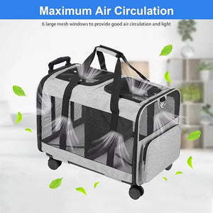 Pet carrier with mesh windows and wheels on a white background