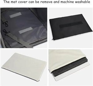 Collage of a mat cover being removed from a bag, shown in different colors.