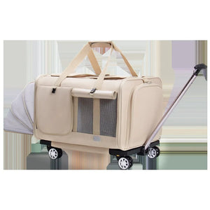 Airline Approved Rolling Dog Carrier with Wheels in beige, designed for airline-approved pet travel with ventilated mesh sides and retractable handle for easy transport. Travel Confidently. Fly Ready. Stay Rover Ready.
