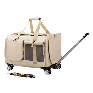 Airline Approved Rolling Dog Carrier with Wheels in beige, featuring mesh ventilation, multiple handles, detachable shoulder strap, and smooth rolling wheels for convenient dog travel. Travel Confidently. Fly Ready. Stay Rover Ready.