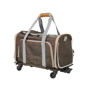 Brown travel bag with wheels and gray straps on a white background