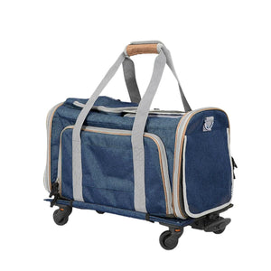 Blue travel bag with wheels on a white background