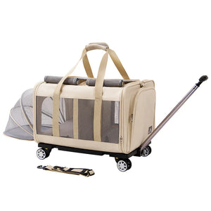 Airline Approved Rolling Dog Carrier with Wheels in beige, featuring breathable mesh panels, extendable handle, and wheels for easy transport of dogs during travel.