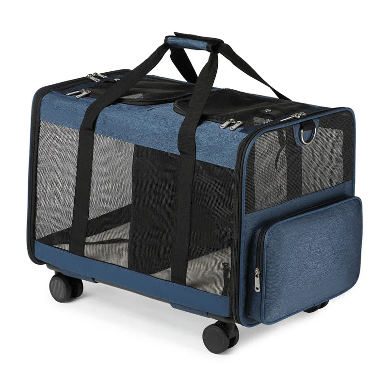 Blue pet carrier with wheels on a white background