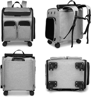 Multifunctional travel bag with suitcase, backpack, and pet carrier features.