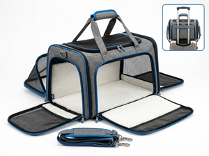 Pet carrier with wheels on a white background