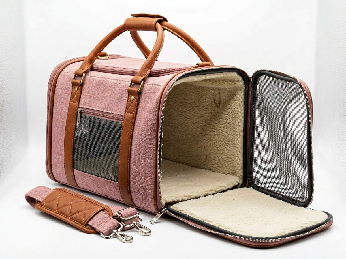Airline Approved Dog Carrier – Soft-Sided Travel Bag in pink with brown accents, featuring a cozy fleece interior, mesh ventilation panels, and detachable shoulder strap for comfortable dog travel.