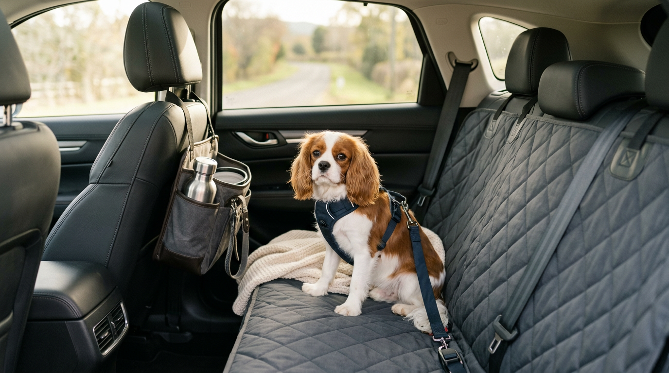 Dog sitting on a protected car backseat with travel accessories for a road trip