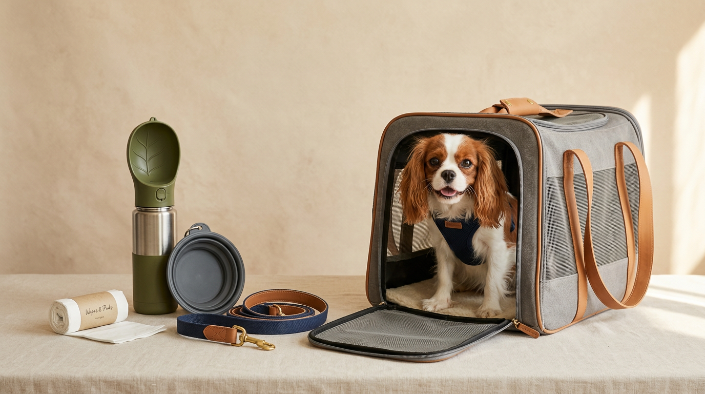 Dog travel accessories arranged with a carrier, water bottle, leash, and cleanup pads