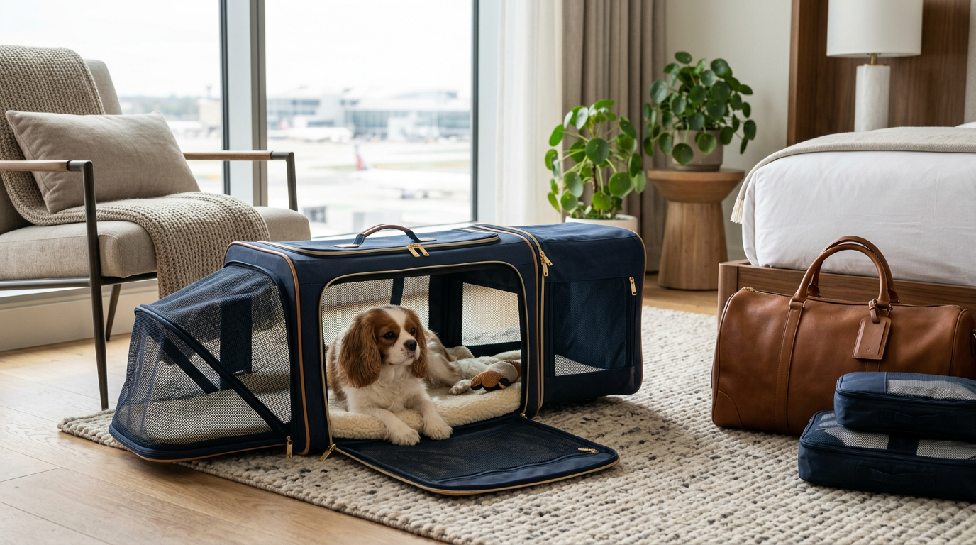 Small dog relaxing beside an expandable soft-sided dog carrier for travel