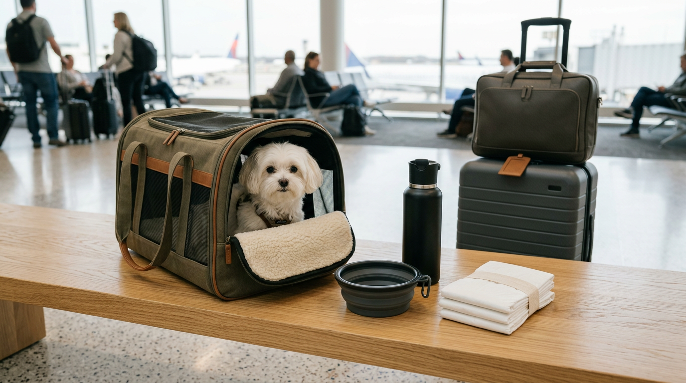 Small dog resting in a soft-sided airline dog carrier near airport travel essentials