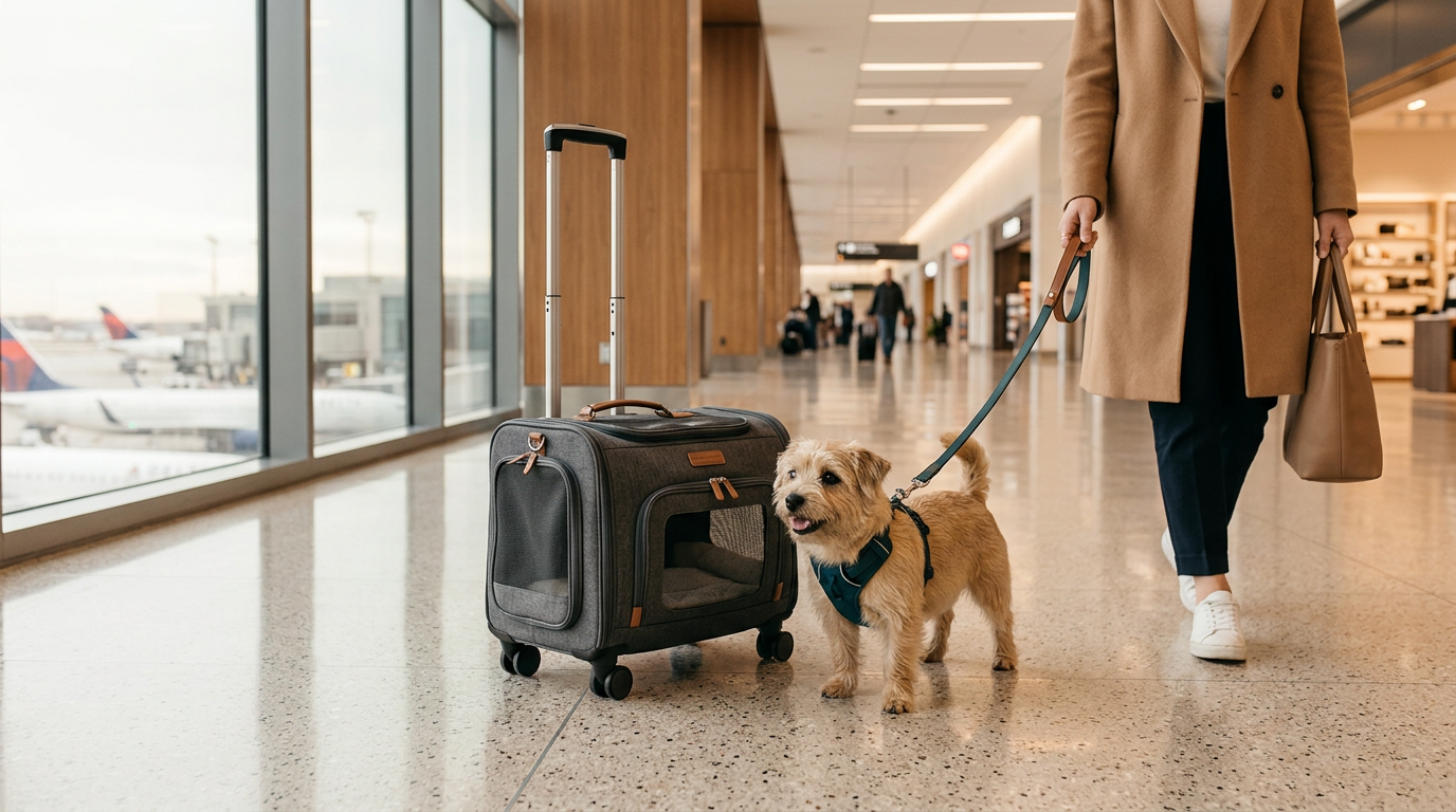 Small dog resting in a soft-sided airline dog carrier near airport travel essentials