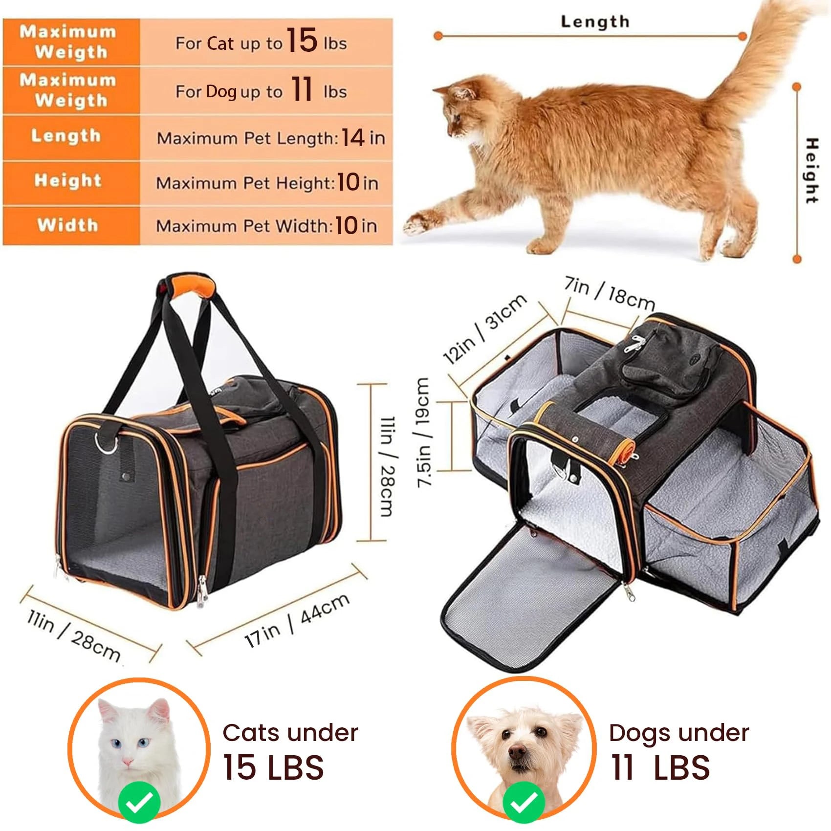 Pet carrier with dimensions and weight limits for cats and dogs, featuring a cat and dog illustration.