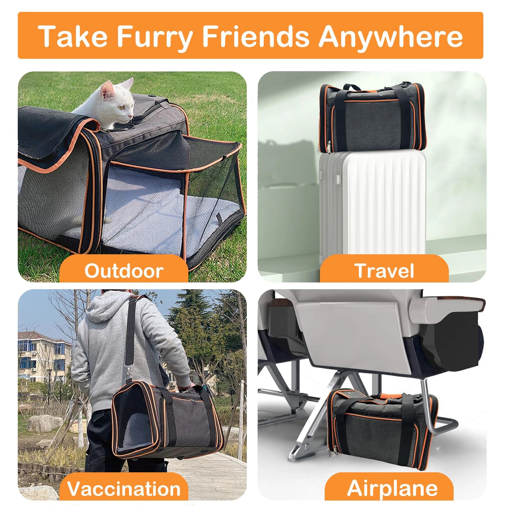 Pet travel carrier with various usage scenarios on a promotional graphic.