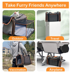 Pet travel carrier with various usage scenarios on a promotional graphic.