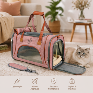 Airline Approved Dog Carrier – Soft-Sided Travel Bag in muted pink fabric with transparent mesh windows, padded interior, and sturdy carry handles, designed for stress-free pet travel compliance.