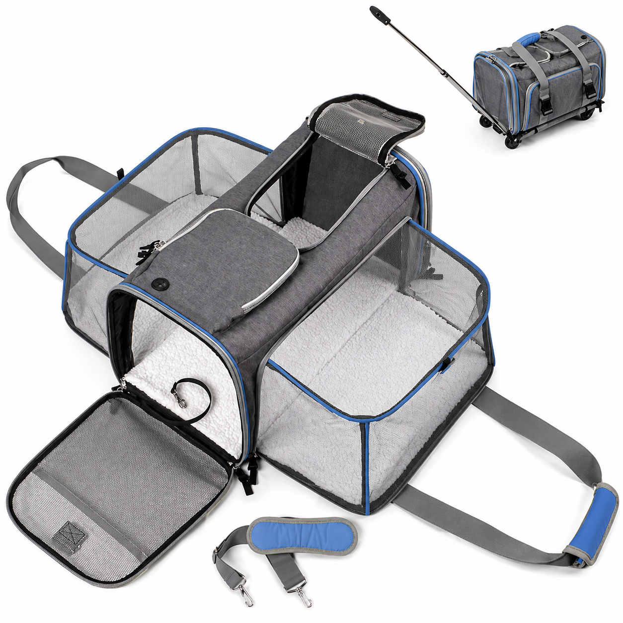 Pet travel carrier with wheels and accessories on a white background