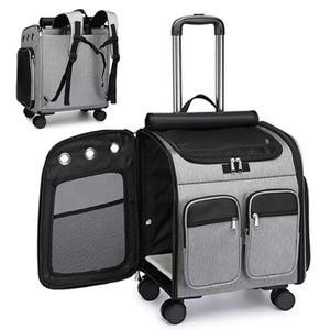 Gray pet carrier with wheels on a white background