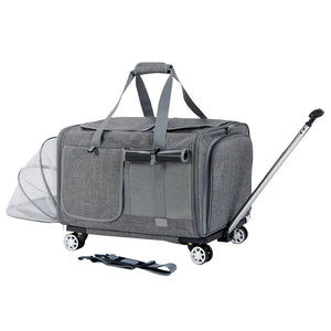 Airline Approved Rolling Dog Carrier with Wheels in gray fabric, featuring mesh ventilation, extendable handle, and removable shoulder strap for convenient airline travel.