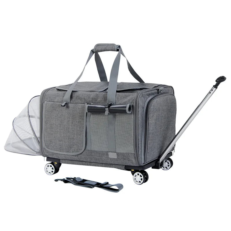 Airline Approved Rolling Dog Carrier with Wheels in gray fabric, featuring mesh ventilation, extendable handle, and removable shoulder strap for convenient airline travel.