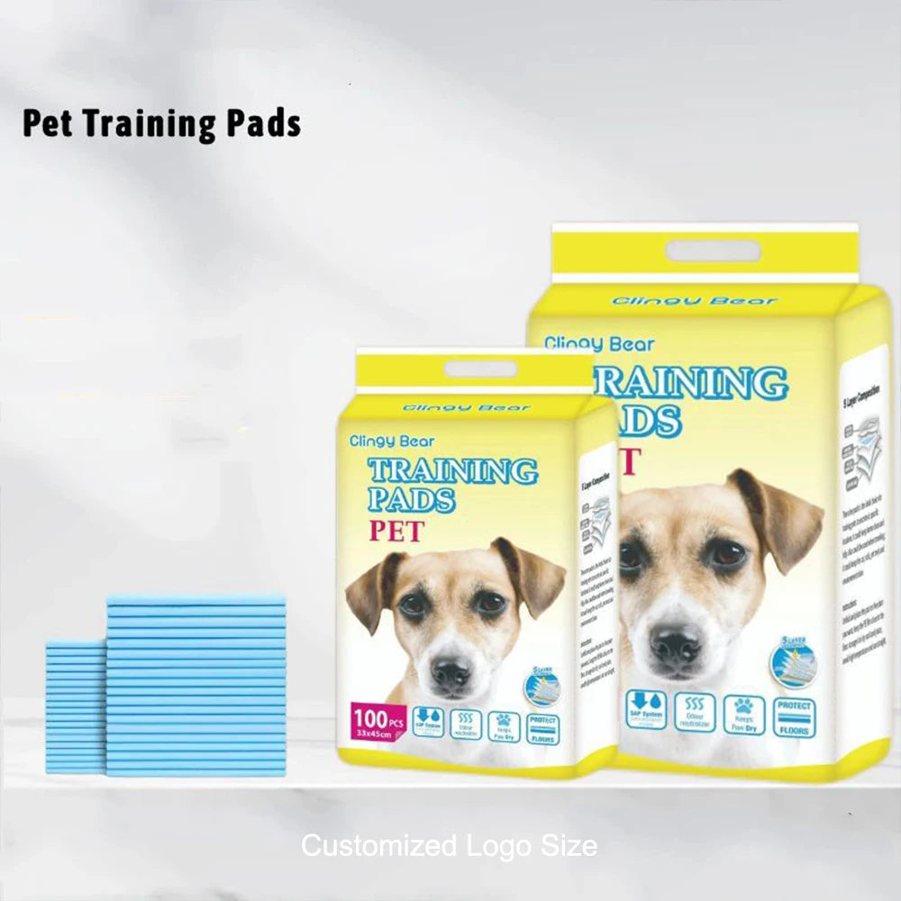 Pet training pads with packaging and additional pads on a white background