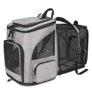 Expandable Dog Carrier Backpack for Travel & Hands-Free Comfort in gray fabric with mesh panels, designed as airline-approved dog travel gear for easy, stress-free trips.