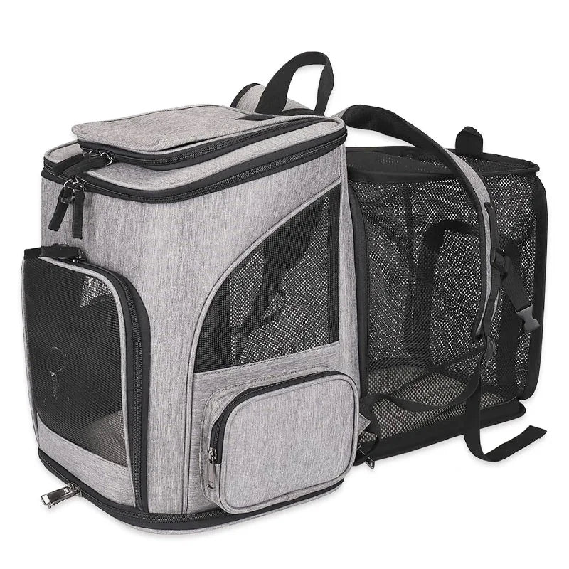 Expandable Dog Carrier Backpack for Travel & Hands-Free Comfort in gray fabric with mesh panels, designed as airline-approved dog travel gear for easy, stress-free trips.