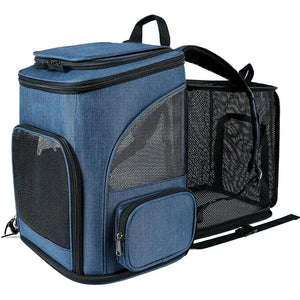 Expandable Dog Carrier Backpack for Travel & Hands-Free Comfort in blue with mesh ventilation, designed as airline approved dog carrier for stress-free, Rover Ready travel.