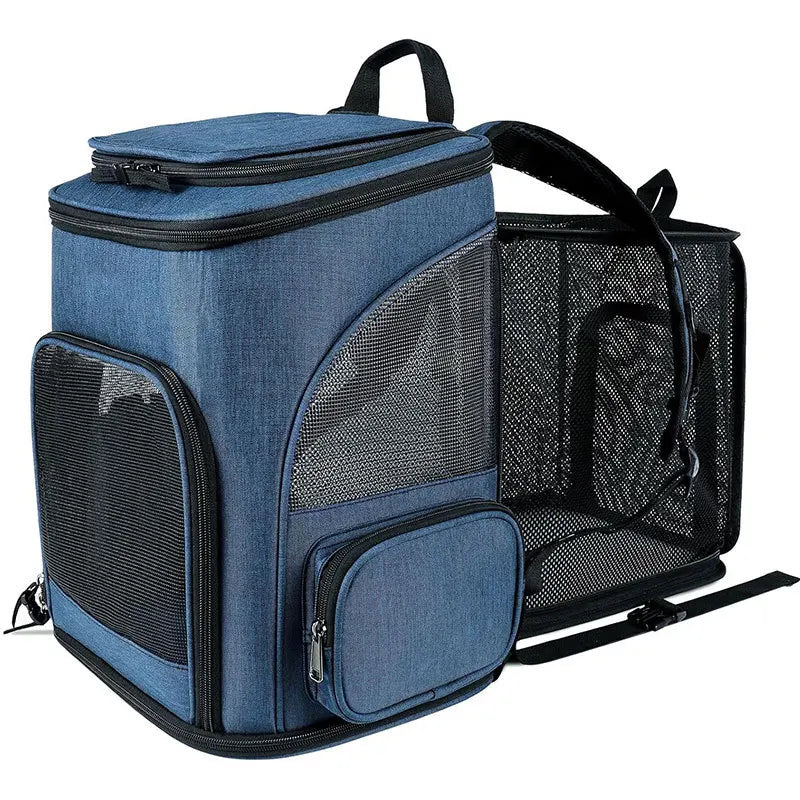 Expandable Dog Carrier Backpack for Travel & Hands-Free Comfort in blue with mesh ventilation, designed as airline approved dog carrier for stress-free, Rover Ready travel.