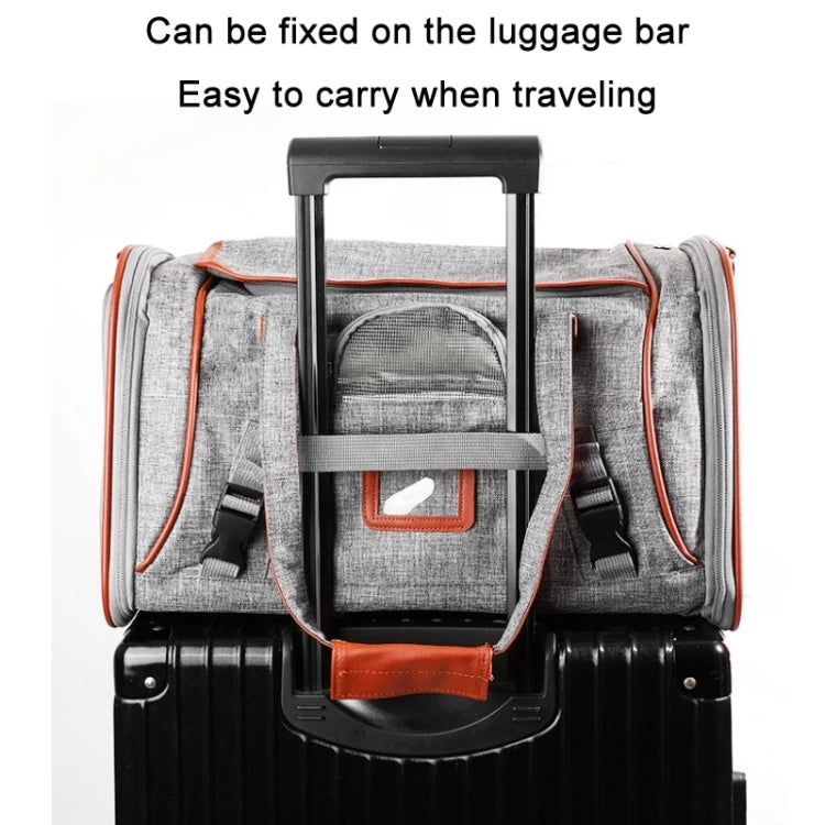 Gray and orange travel bag attached to a suitcase with text indicating it can be fixed on the luggage bar and is easy to carry when traveling.