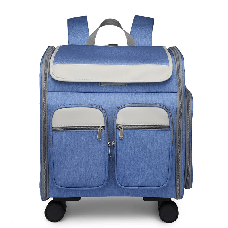 Blue suitcase with gray accents on a white background