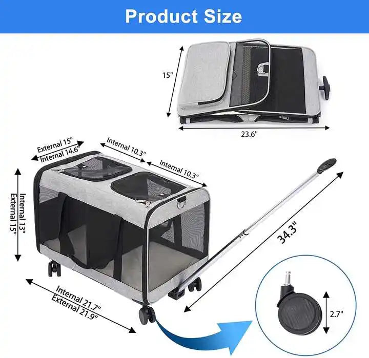 Pet carrier with dimensions labeled on a white background