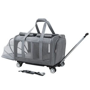 Airline Approved Rolling Dog Carrier with Wheels in gray, featuring mesh ventilation, sturdy handles, extendable handle, and smooth wheels for easy dog travel gear. Travel Confidently. Fly Ready. Stay Rover Ready.
