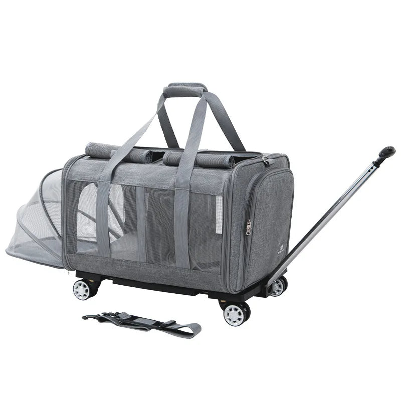 Airline Approved Rolling Dog Carrier with Wheels in gray, featuring mesh ventilation, sturdy handles, extendable handle, and smooth wheels for easy dog travel gear. Travel Confidently. Fly Ready. Stay Rover Ready.