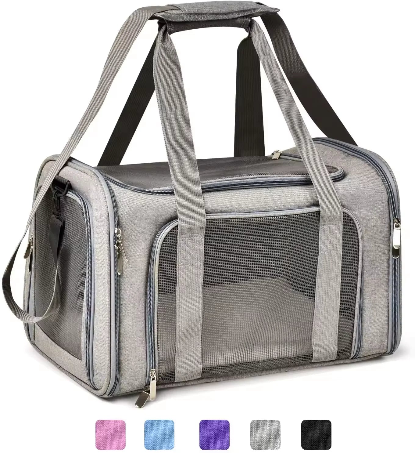 Large Capacity Airline Approved Dog Carrier for Travel in light gray, featuring breathable mesh panels, sturdy handles, and a roomy interior designed for cats and dogs, offering airline-fit guidance for stress-free travel with your dog. Travel Confidently. Fly Ready. Stay Rover Ready.