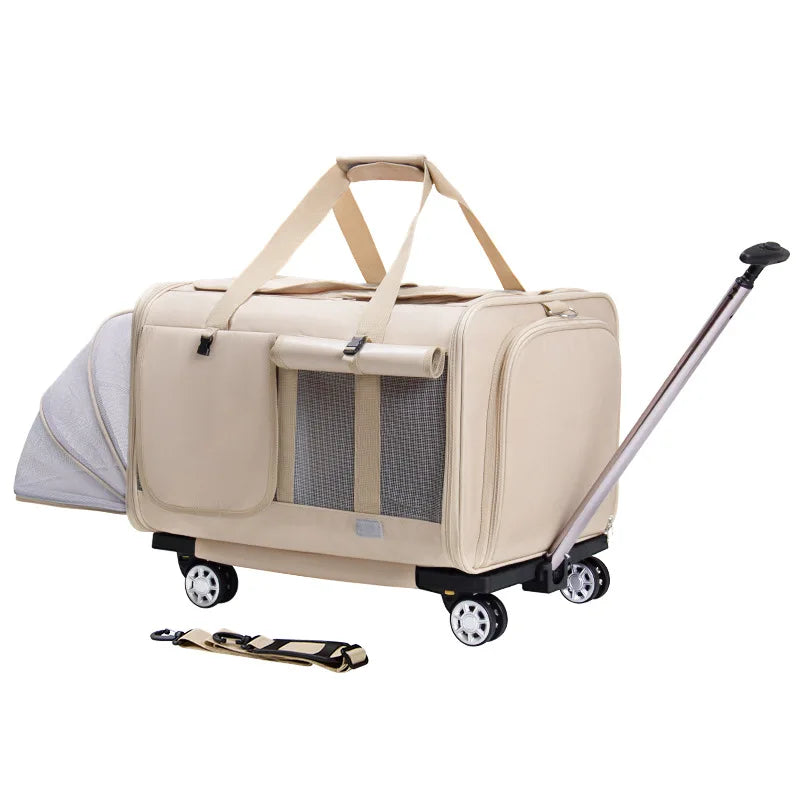Beige Airline Approved Rolling Dog Carrier with Wheels featuring mesh ventilation panels, extendable canopy, sturdy handles, and telescoping handle for stress-free travel with your dog. Travel Confidently. Fly Ready. Stay Rover Ready.