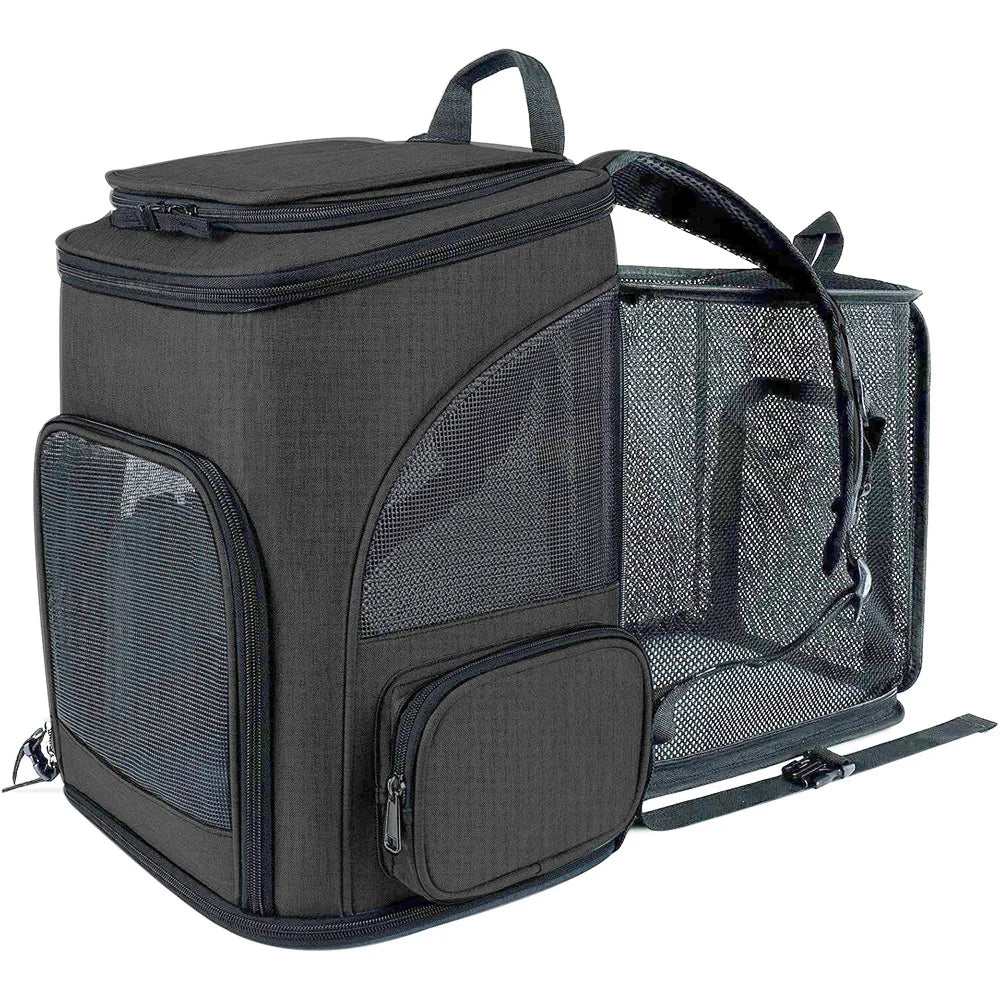 Expandable Dog Carrier Backpack for Travel & Hands-Free Comfort in dark fabric with mesh ventilation panels, designed as an airline-approved dog carrier for stress-free pet travel.