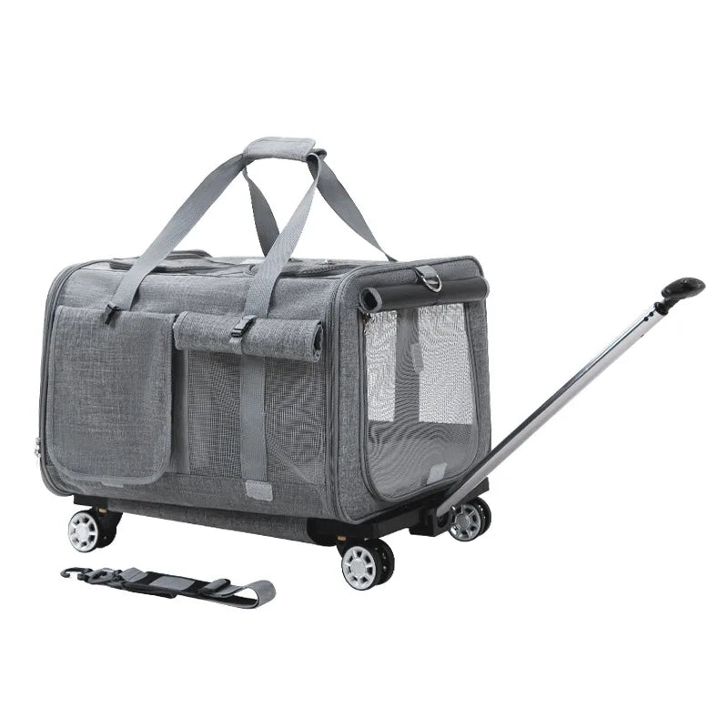Airline Approved Rolling Dog Carrier with Wheels in gray fabric, designed with mesh ventilation and a retractable handle for easy transport, ideal for airline travel with dogs. Travel Confidently. Fly Ready. Stay Rover Ready.