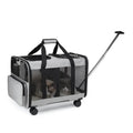Pet carrier with wheels and a handle on a white background