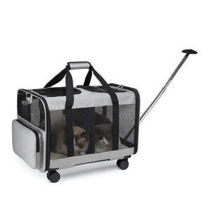 Pet carrier with wheels and a handle on a white background