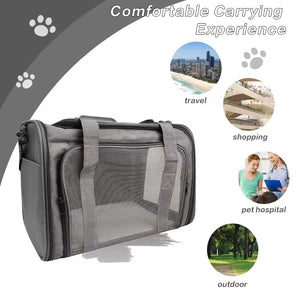 Large Capacity Airline Approved Dog Carrier for Travel in gray fabric with mesh panels for ventilation, designed for comfortable use during travel, shopping, vet visits, and outdoor activities, offering airline-fit guidance and curated gear for stress-free travel with your dog. Travel Confidently. Fly Ready. Stay Rover Ready.
