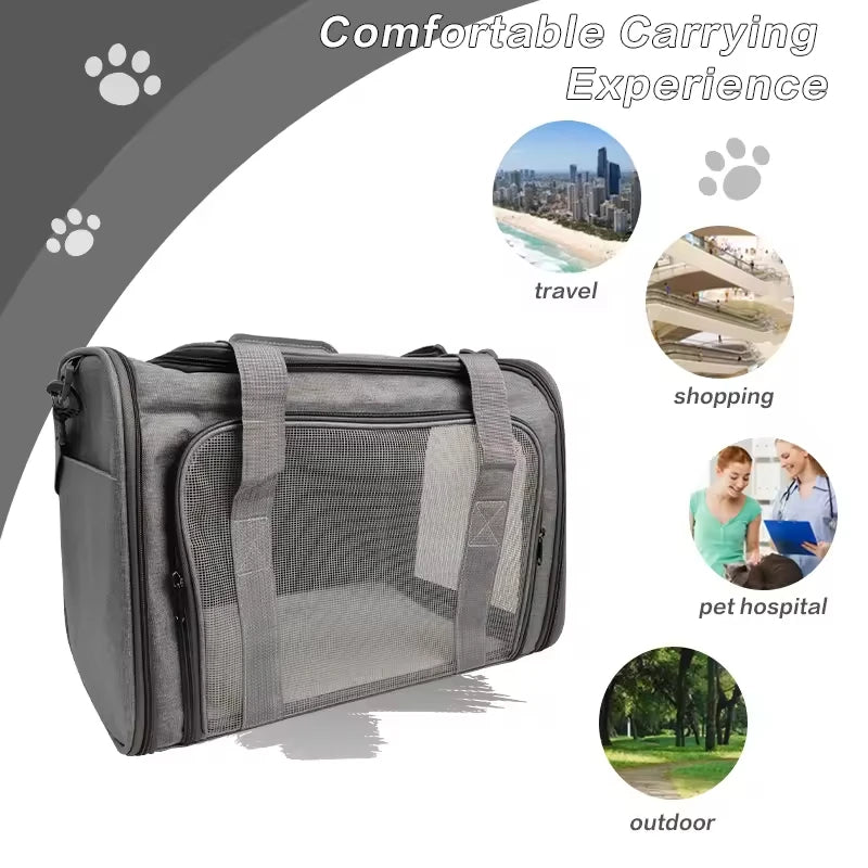 Large Capacity Airline Approved Dog Carrier for Travel in gray fabric with mesh panels for ventilation, designed for comfortable use during travel, shopping, vet visits, and outdoor activities, offering airline-fit guidance and curated gear for stress-free travel with your dog. Travel Confidently. Fly Ready. Stay Rover Ready.