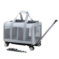 Airline Approved Rolling Dog Carrier with Wheels in light gray, featuring mesh panels, durable handles, and a retractable handle for easy mobility, designed for convenient airline travel. Travel Confidently. Fly Ready. Stay Rover Ready.