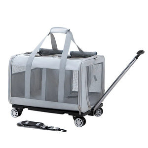 Airline Approved Rolling Dog Carrier with Wheels in light gray, featuring mesh panels, durable handles, and a retractable handle for easy mobility, designed for convenient airline travel. Travel Confidently. Fly Ready. Stay Rover Ready.